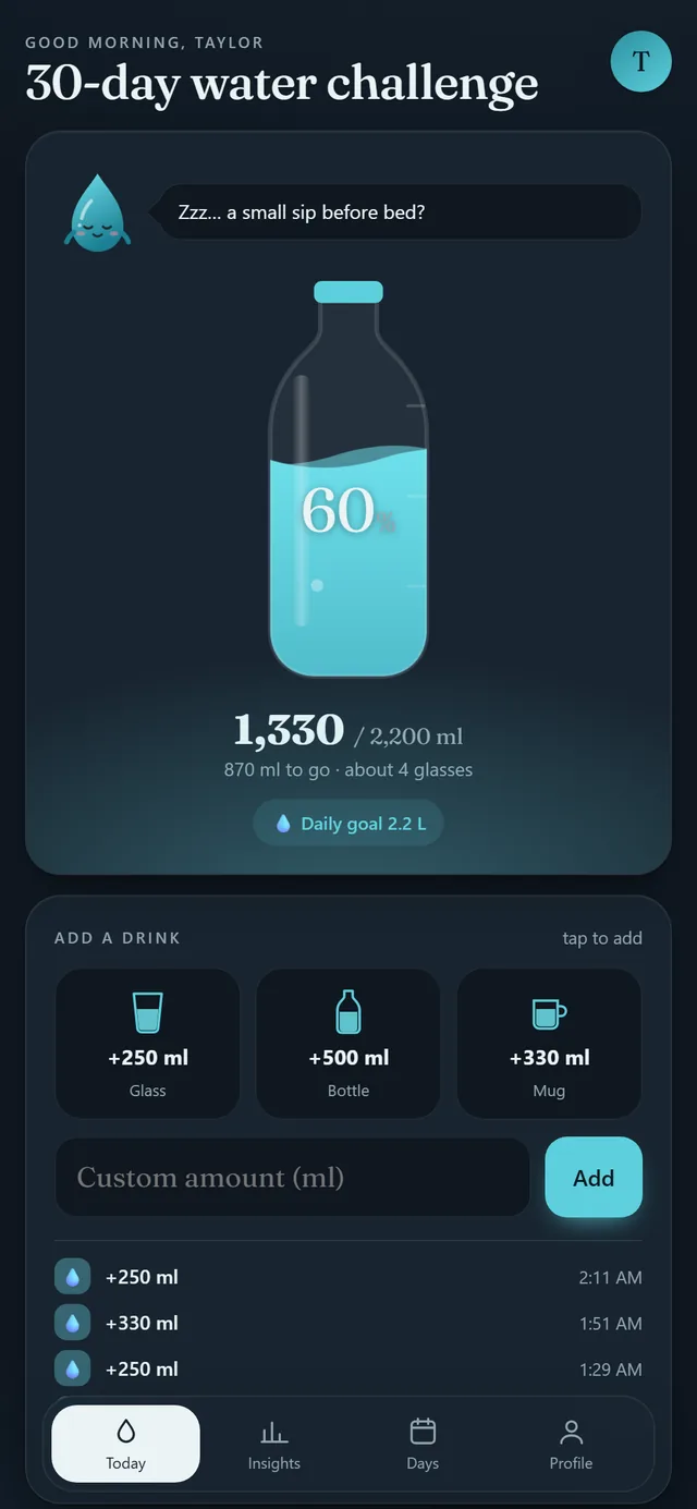 Water Tracker app screen